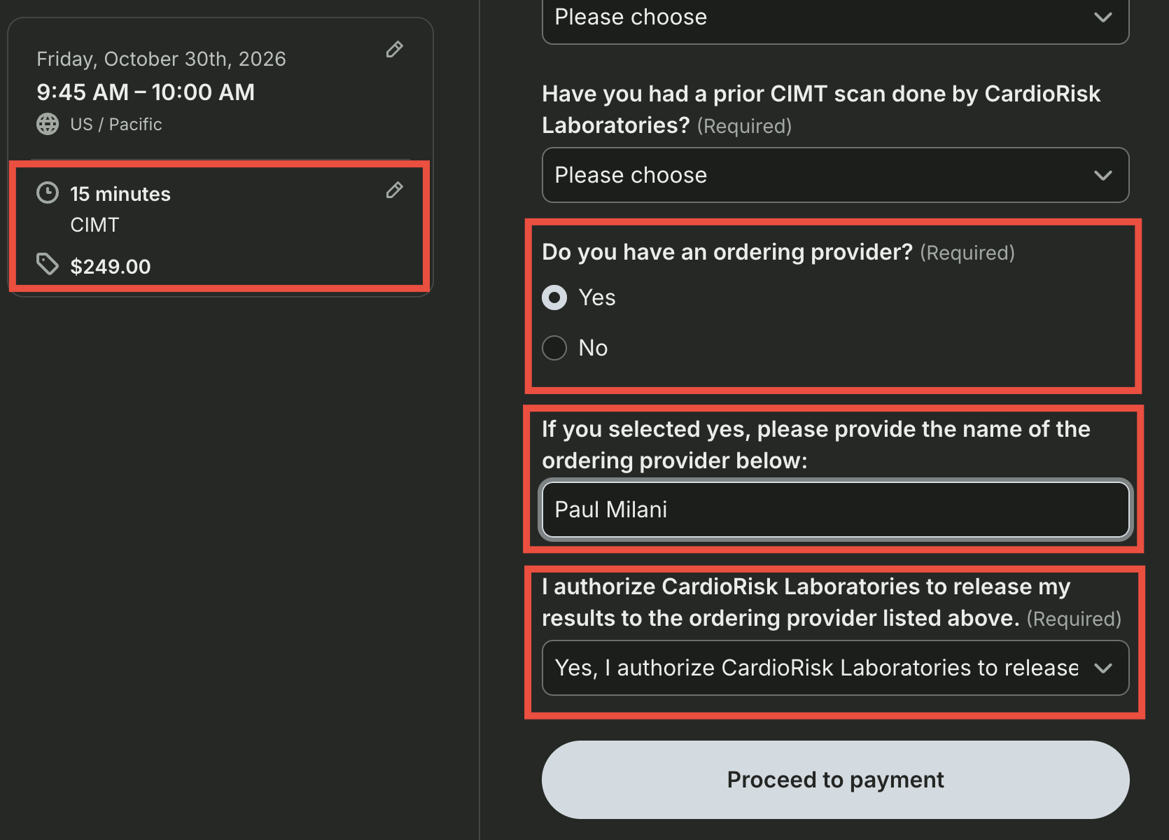 Example of the CardioRisk booking form with ordering provider set to Yes, Paul Milani entered as the provider, and release of results set to Yes